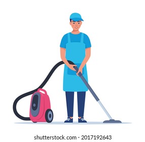 Man dressed in a uniform with a vacuum cleaner. Worker of cleaning service. Vector illustration in a flat style
