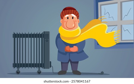 
Man Dressed in Warm Clothing Standing in Cold Home Vector Illustration. Stressed guy being scared of heating costs 
