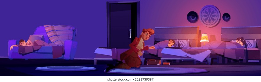 Homem vestido de mulher entra furtivamente no quarto de hotel, onde adolescentes dormem à noite para cometer roubo de mala debaixo da cama. Ilustração vetorial de desenhos animados de personagem ladrão dentro do caso de roubo de quarto.