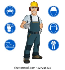 Man Dressed In Work Clothes, And Safety At Work Signs