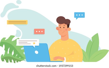Un hombre vestido de amarillo se sienta con una laptop azul, sonriendo, mensajes volando.