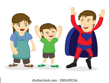 Man dressing up as a super hero to inpressive his son. Concept of family bonding between the father and son. Vector cartoon illustration.