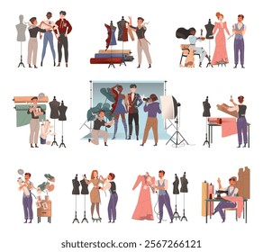 Man Dressmaker and Fashion Designer Character Work in Atelier Vector Set