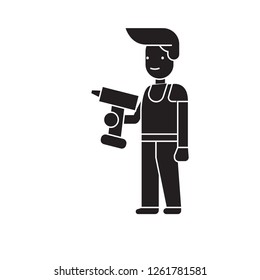 Man with a drill black vector concept icon. Man with a drill flat illustration, sign