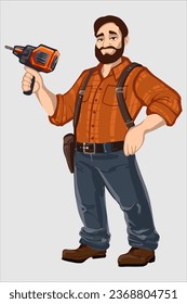 Man with drill in hand, concept art, digital art, full size portrait with screwdriver in hand, in uniform. Charismatic mechanic, vector illustration, rugged male ranger, full ranger portrait