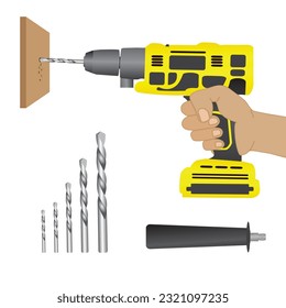Man drill in the hand isolated on white background. Holding in hand drill. Construction and repair. Human repairman with working tools. Vector illustration EPS 10.