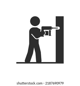 Man with a drill icon. Makes a hole in a wall. Monochrome black and white symbol. Vector illustration - Powered by Shutterstock - Get 15% off with code: PIKWIZARD15