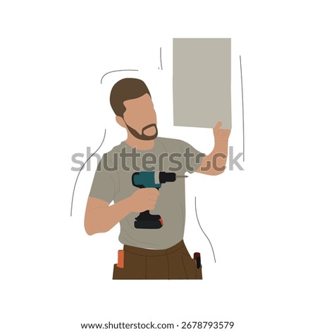 man drilling into cupboard. Man Character Assemble Furniture with Drill as DIY Home Repair Work 