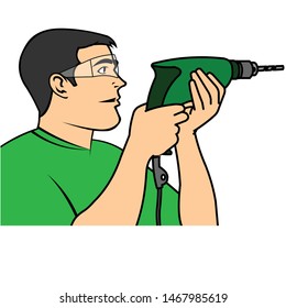 man drilling wall with a drill and wearing goggles