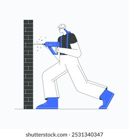 Man drilling a wall in flat vector illustration symbolizing construction, renovation, and home improvement, isolated on white background.