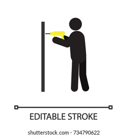 Man drilling wall silhouette icon. Builder. Repair and renovation. Isolated vector illustration. Editable stroke