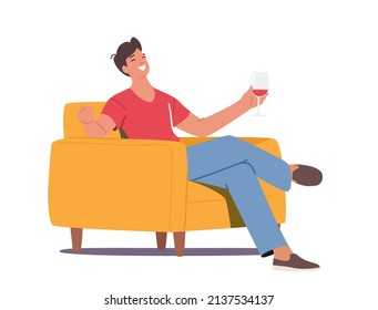 Man Drink Alcohol at Home or Bar, Joyful Male Character Sit on Armchair Holding Wineglass in Hand Isolated on White Background. Person Celebrate Holidays or Party. Cartoon People Vector Illustration