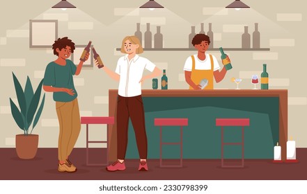 Man drink in bar concept. Young guy and girl with bottles of alcoholic drinks. People rest in pub or cafe. Party or event, disco. Bevrage and alcohol. Cartoon flat vector illustration