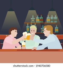 Un hombre bebe cerveza en un pub, tazas con ovejas más grandes. Beber cerveza de cristal, bar interior y pub después de una semana de trabajo duro, fiesta de viernes. Ilustración del vector
