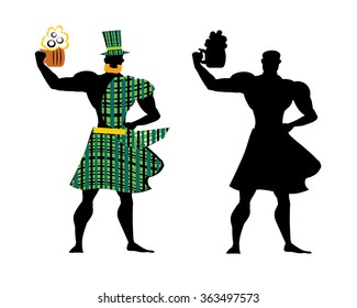 Man drink beer sign. Saint Patrick's Day vector illustration - man with beer mug dressed as  leprechaun - green hat, red beard, kilt, no face. Scotsman modern flat design. Man drinking beer set.