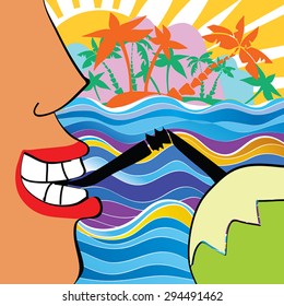 Man drink coconut water. Man smiling lips and tropical cocktail. Vector illustration. Sea waves,tropical island, palm trees, sun. As beverage list cover template, bar menu, banner. Travel. Eps 10.