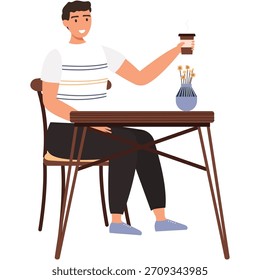 Hombre bebe café en el café se sienta en el Vector de mesa