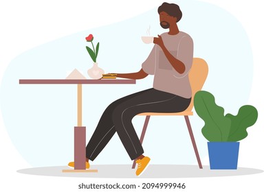 Man drink coffee. Character sitting in coffee shop, resting from work. Relaxation and rest, morning drink. Go out to cafeteria and restaurant. Modern interior, plant. Cartoon flat vector illustration