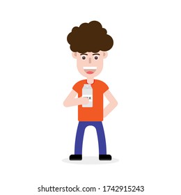 Man drink milk. Milk box. Cartoon character. Isolated background.