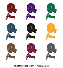 Man drink through compact filter icon in black style isolated on white background. Water filtration system symbol stock vector illustration.