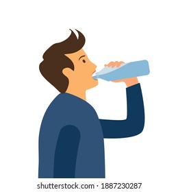 Man drink water from bottle in flat design on white background. Thirsty and dehydration. Drink more water water campaign.