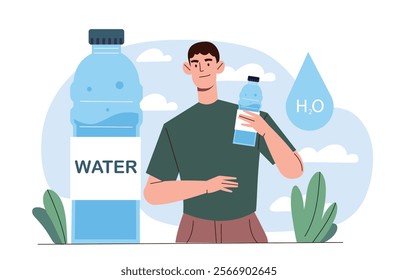 Man drink water. Young guy with plastic bottle of clean water. Fighting thirst and dehydration. Healthy and active lifestyle. Proper diet and nutrition. Flat vector illustration