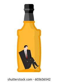 Man drinker inside bottles. Businessman sitting in an empty bottle of alcohol. drunkard illustration