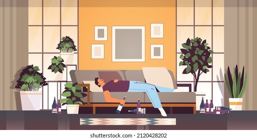 man drinker sleeping with bottles alcoholic drinking alone depressed addicted drunk guy having problem alcohol addiction alcoholism concept living room interior horizontal vector illustration