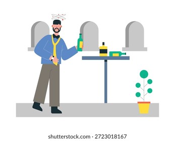 Hombre bebiendo alcohol solo después del trabajo, lado oscuro de la vida urbana. Diseño de personajes. Ilustración plana de Vector.