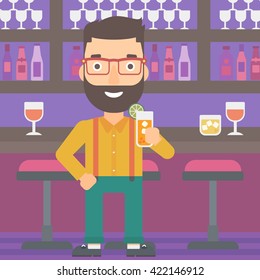 Man drinking alcohol in the bar. Hipster man drinking alcohol flat vector illustration. Man with beard drinking alcohol cocktail with lime. Bar background with alcohol rack.