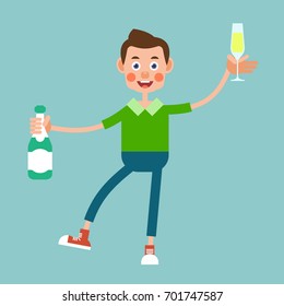 Man drinking alcohol. Celebration concept. Boy is holding a bottle in one hand, and in his other hand a glass of champagne. Illustration in flat style. Isolated. Vector
