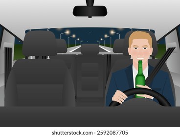 Man Drinking Alcohol While Driving a Car. Do Not Drink and Drive. Vector Illustration. 