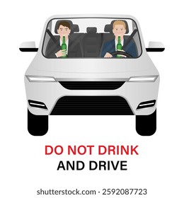 Man Drinking Alcohol While Driving a Car. Do Not Drink and Drive. Vector Illustration. 