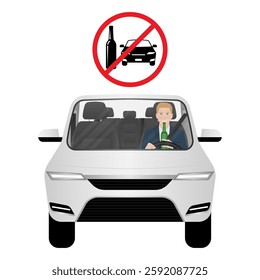 Man Drinking Alcohol While Driving a Car. Do Not Drink and Drive. Vector Illustration. 