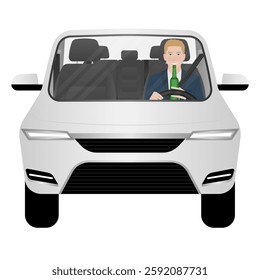 Man Drinking Alcohol While Driving a Car. Do Not Drink and Drive. Vector Illustration. 