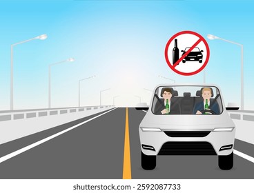 Man Drinking Alcohol While Driving a Car. Do Not Drink and Drive. Vector Illustration. 