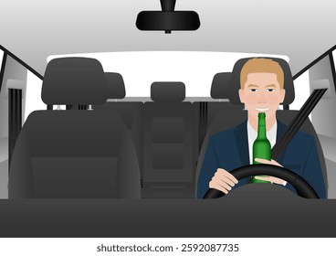 Man Drinking Alcohol While Driving a Car. Do Not Drink and Drive. Vector Illustration. 