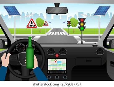 Man Drinking Alcohol While Driving a Car. Do Not Drink and Drive. Vector Illustration. 