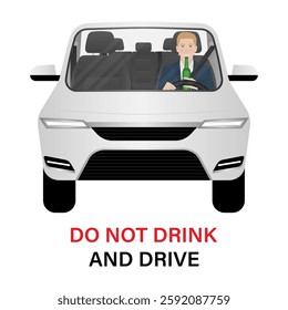 Man Drinking Alcohol While Driving a Car. Do Not Drink and Drive. Vector Illustration. 