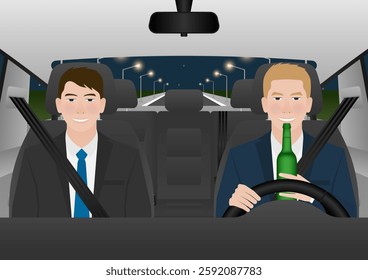 Man Drinking Alcohol While Driving a Car. Do Not Drink and Drive. Vector Illustration. 