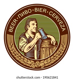 Man drinking beer and barrel label vector template