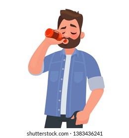 Man drinking beer from a bottle. Alcohol addiction. Vector illustration in cartoon style