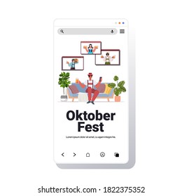 man drinking beer discussing with mix race friends during video call Oktoberfest party celebration coronavirus quarantine self isolation smartphone screen vector illustration