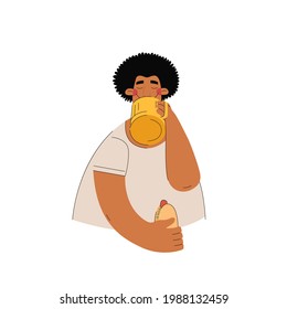 Man drinking beer and eating fast food in trendy hand drawn style