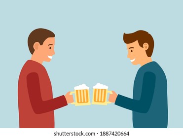 Man drinking beer with friend together, rest after work. Guys drink alcohol for celebrating in party or pub.