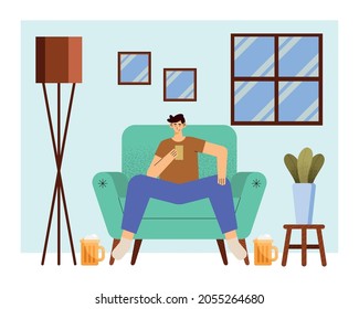 man drinking beer in livingroom character