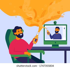 Mann trinkt Bier online mit seinem Freund. Männliche Freunde, die Online-Konferenz in Quarantäne-flache Vektorgrafik. Internet- und Isolationskonzept für Banner, Website-Design oder Landing-Webseite