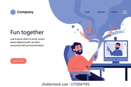 Man drinking beer online with his friend. Male friends having online conference in quarantine flat vector illustration. Internet and isolation concept for banner, website design or landing web page