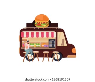 Man drinking beer at street fast food van flat vector illustration