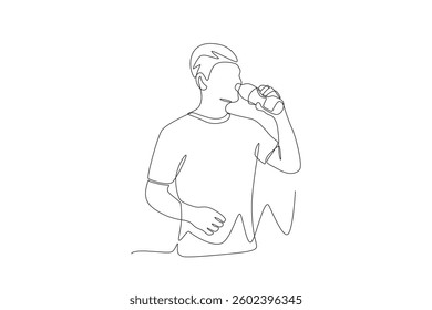 Man drinking a bottle of mineral water. Drinking water concept one-line drawing